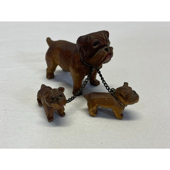 Vtg 40s 50s Chained Bulldog Figurines Wood Carved Knick Knacks Mini Mama Puppies - Picture 10 of 10